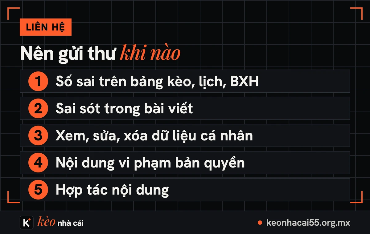 Liên hệ Kèo Nhà Cái: báo lỗi dữ liệu, góp ý bài viết, yêu cầu về dữ liệu cá nhân 2 Năm việc nên gửi thư liên hệ kèo nhà cái